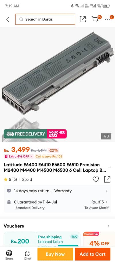 Dell laptop orgnl charger + Beatry 4400mh Free   .