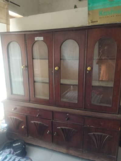wooden showcase and steel almari