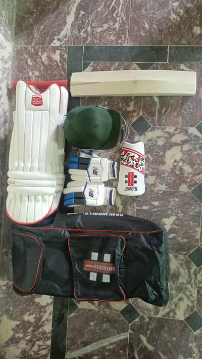 Cricket Kit with bat, glove, bag, helmet, elbow and pad