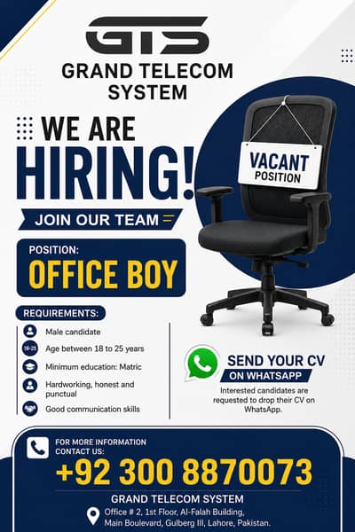 We're Hiring Office Boy | Grand Telecom System