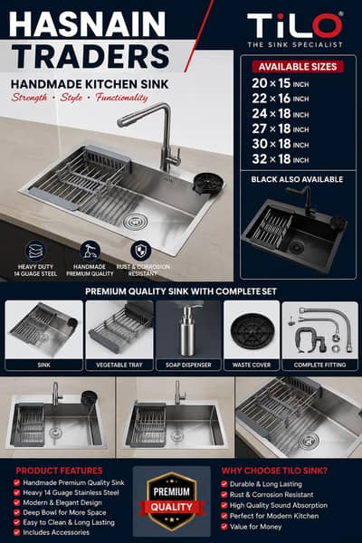 TILO Handmade Kitchen Sink | Heavy 14 Gauge | Black & Steel Sink |