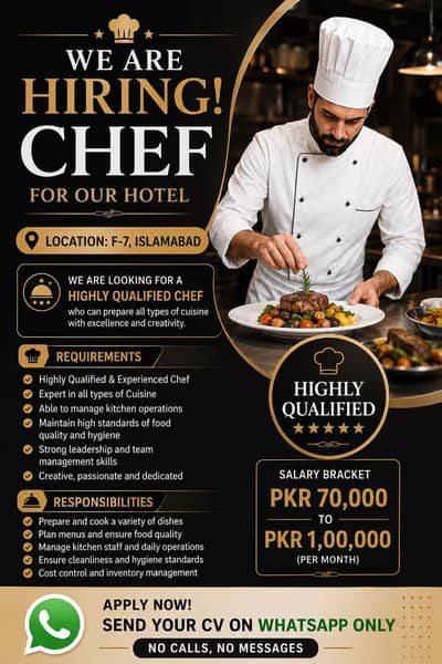 Hiring Professional Chef | Hotel in F-7 Islamabad