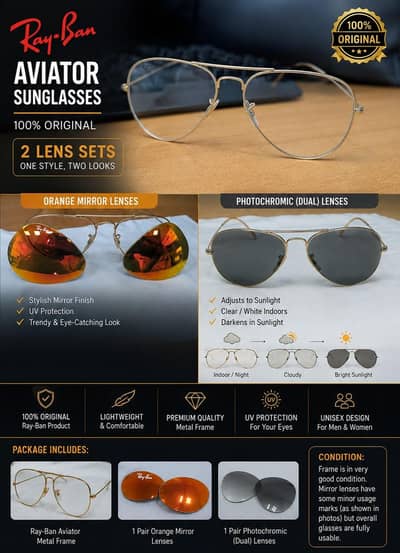 Ray. Ban Original Aviator Sunglasses. Interchangeable Lenses. 2 Lens Set