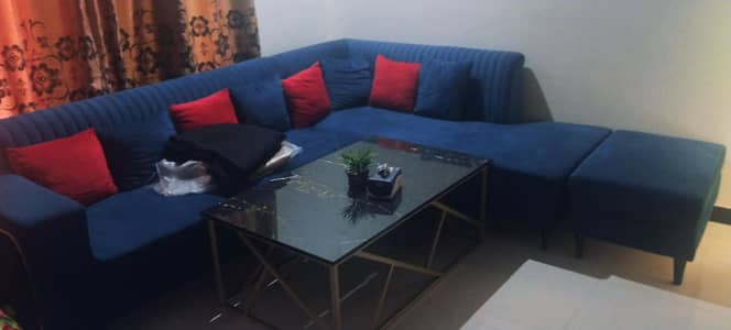 Royal Blue L shape sofa With table