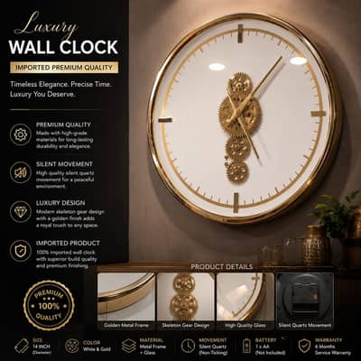Luxury Gold Skeleton Gear Wall Clock – Premium Silent Quartz Modern D