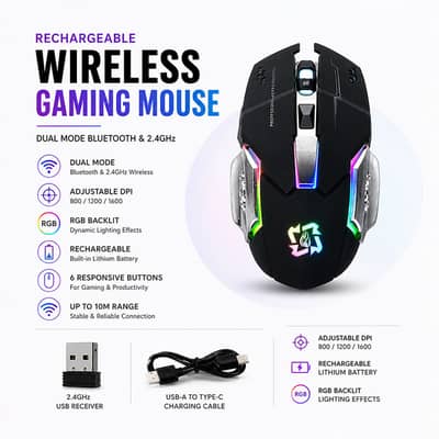 Rechargeable Wireless Gaming Mouse - Dual Mode BT & 2.4GHz, RGB, DPI