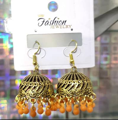 Golden Jhumka Earrings with Orange Beads