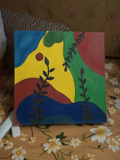 hand made abstract canvas painting in color yellow green blue brown