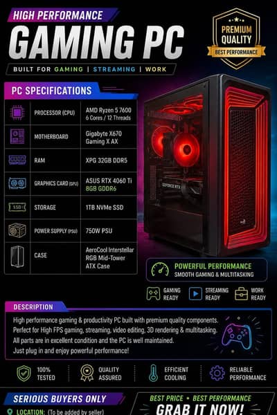 Gaming PC / Ryzen 5 7600 / RTX 4060 Ti / 32GB DDR5 / 1TB NVMe