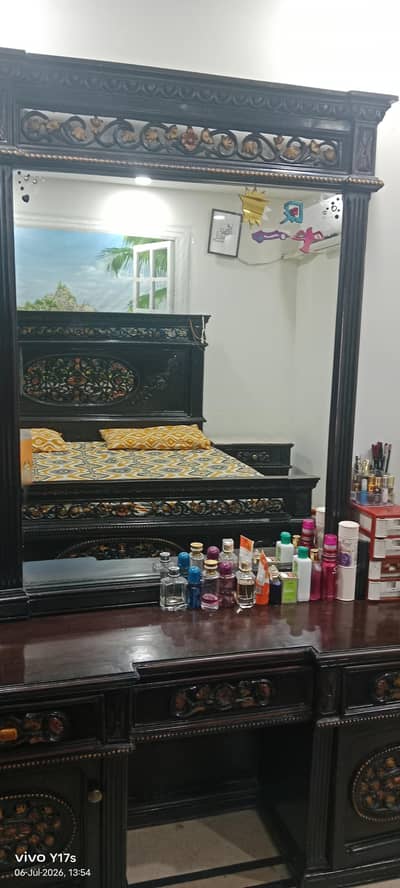 king size wooden bed dressing with 2 side tables