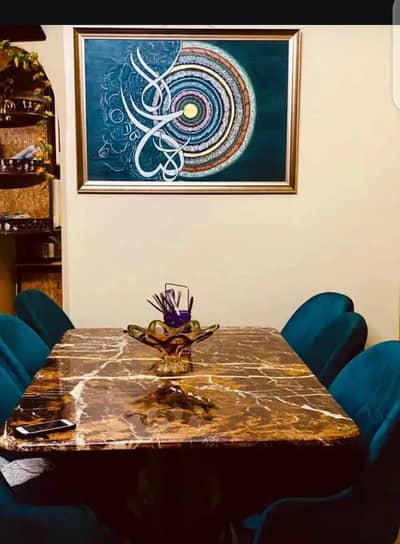 6 seater marble dinning table with steel bottom