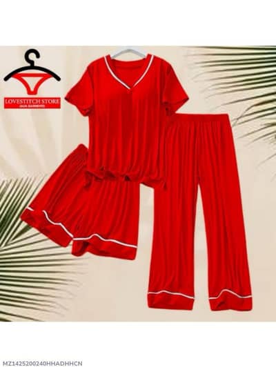 Red 3- piec Night suit with white piping for pakistani homes