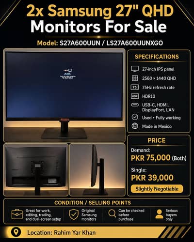 2x Samsung 27” 2K QHD IPS Monitors | USB-C | 75Hz