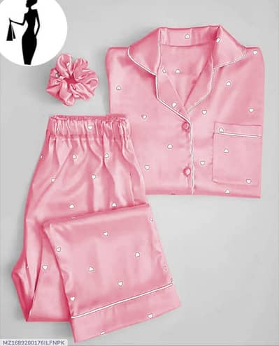 Silk night suit pink heart print with hear scruchie