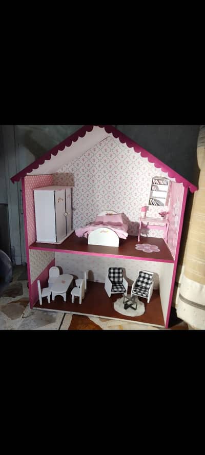 wooden dollhouse for kids with wooden furniture