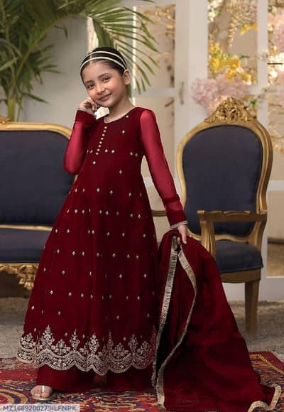 Kids Girls Fancy Embroidered Party Wear Frock Suit - Brand New