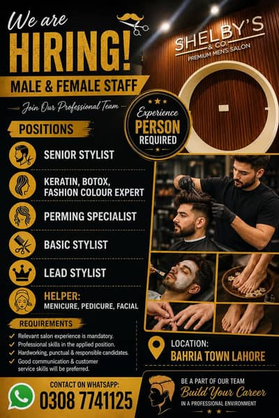 Male & Female Salon Staff Required-Shelby’s & co Premium men’s salon