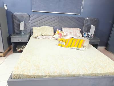 Grey Bedroom Set - Bed, 2 Side Tables, Dressing Table, 3-Door Wardrobe