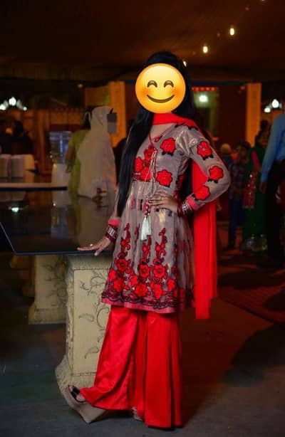 Stitched 3 piece red net frock