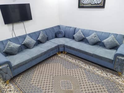 Brand New L-Shape Sofa Set (3 Pieces) – Premium Blue Velvet | Like New