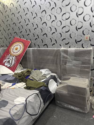 King Size Bed Set with Dressing Table & Lights – Grey Antique Finish