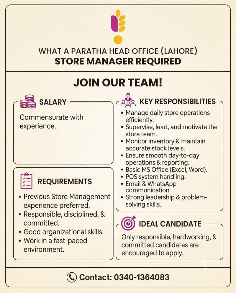 Store manager Required 0