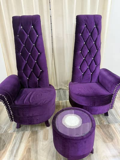 Royal High-Back Velvet Sofa Set (2 Chairs + Coffee Table) — Purple