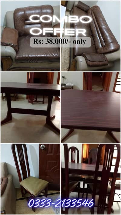 5 sitter Leather sofa set & Wooden Dining Table with 6 Chairs