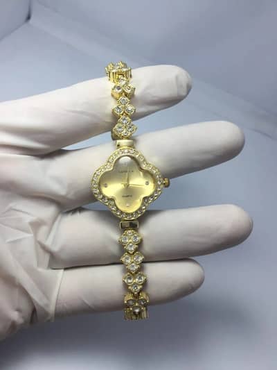 Women's Gold Four Leaf Clover Chain Watch with Diamonds