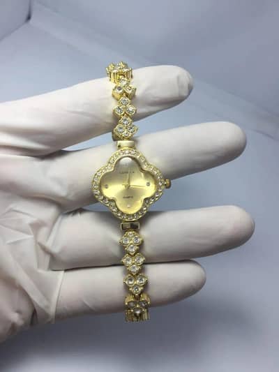 Women's Gold Four Leaf Clover Chain Watch with Diamonds