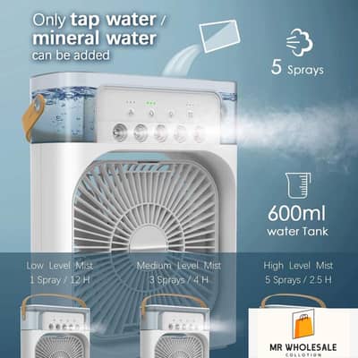 Mini AC Cooler Fan – 600ml Water Tank | 5 Mist Sprays/ cush on dlivery
