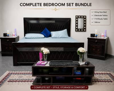 King Bed Set with Mattress + LED/ TV Console + Mirror