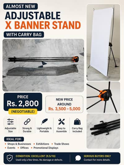 Almost New Adjustable X Banner Stand with Carry Bag