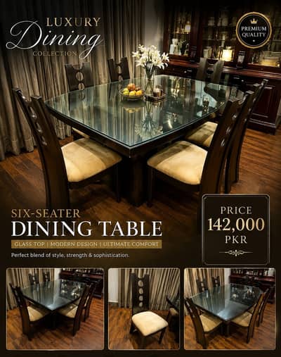 Luxury 6-Seater Glass Top Dining Table | Premium Wooden Dining Set