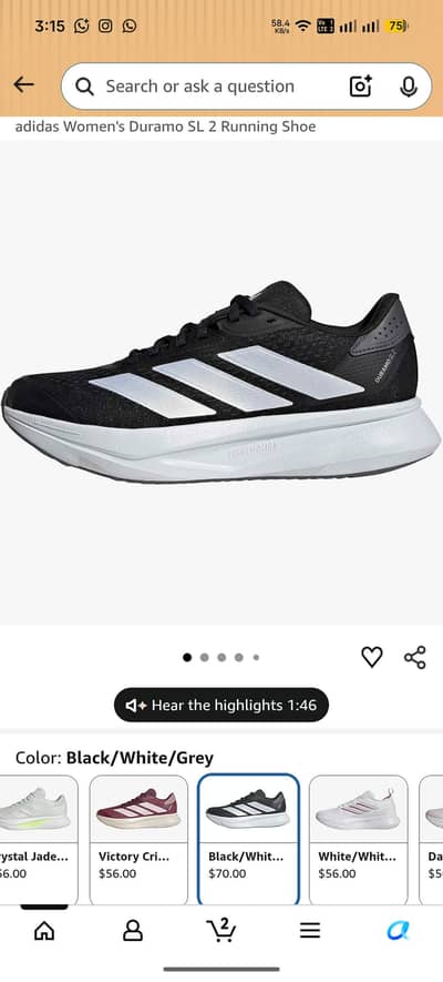Adidas Duramo SL 2.0 Running, Black/White Size 6.5