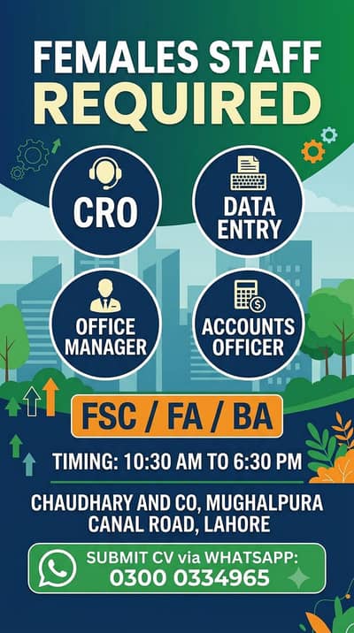 females staff required data entry CRO account officers