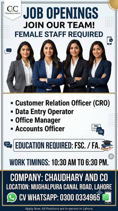 females staff required data entry CRO account officers