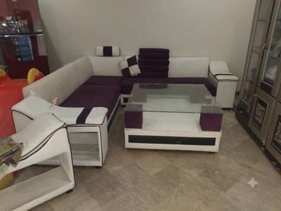 L Shaped sofa set purple and white
