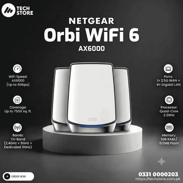NETGEAR Orbi 850 Series Tri-Band WiFi 6 Mesh System – AX6000 6Gbps Router + 2 Satellites, Up to 7,500 sq. ft. Coverage