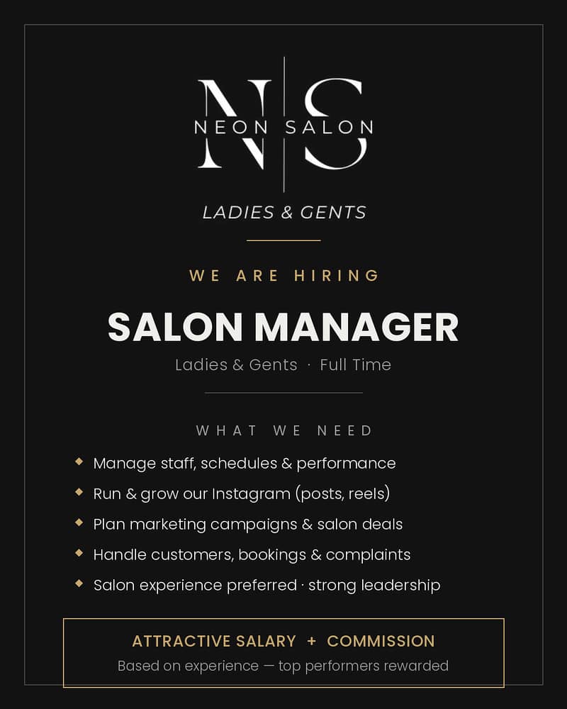 Salon Manager (Male & Female) – NS Neon Salon (Ladies & Gents) 1