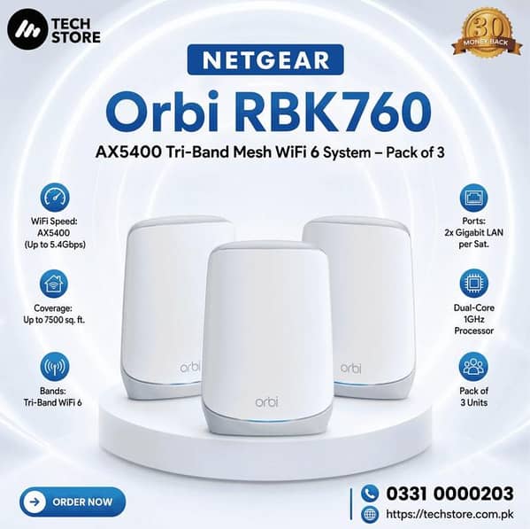 NETGEAR Orbi 760 AX5400 Tri-Band Mesh WiFi 6 System (Pack of 3) | 1× RBR760 Router + 2× RBS760 Satellites (Europe Varaint)