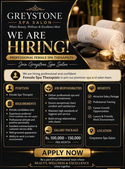Need Female Spa Therapist Jobs Greystone Spa Salon 150K To 180K PKR