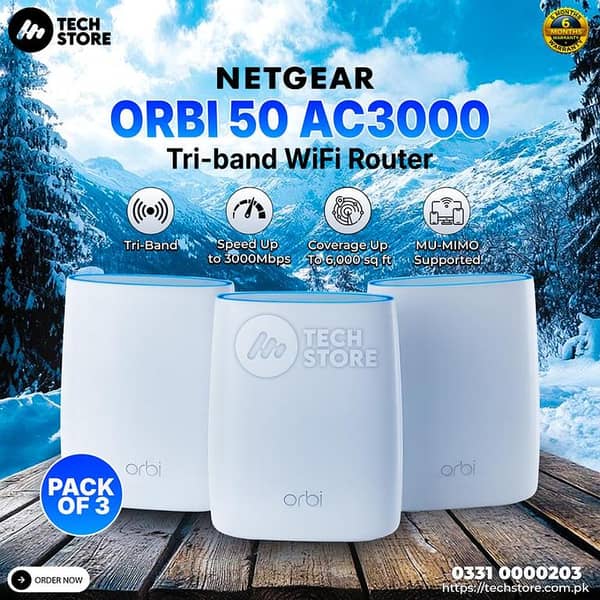 NETGEAR Orbi AC3000 Tri-Band Whole Home Mesh WiFi System (1 RBR50+2 RBS50) 140 channal