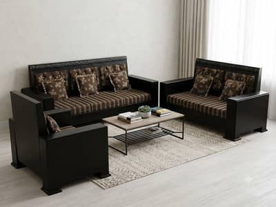 Solid Wood 6 Seater Sofa Set (3+2+1) in Brown & Black     Fazal Town p