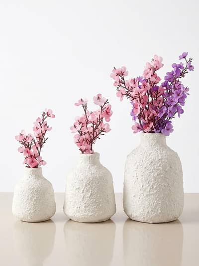 3 Pcs Vase Set — White Ceramic with Artificial Flowers | Home Decor