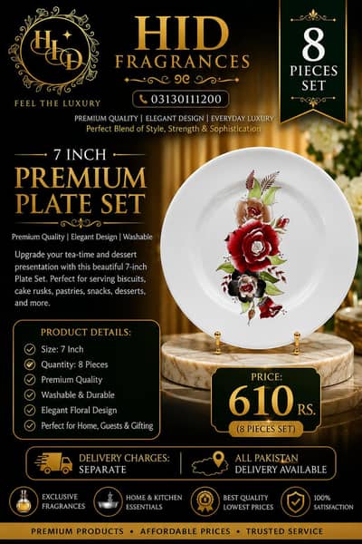 Premium 8 Pieces 7-Inch Plate Set | Elegant Floral Design | Washable