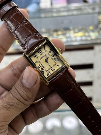 Luxury Design Rectangular Men’s Watch - Cartier Style - Brown Leather