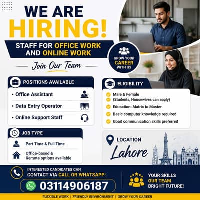 We are hiring for Lahore staff Online and Offline Work