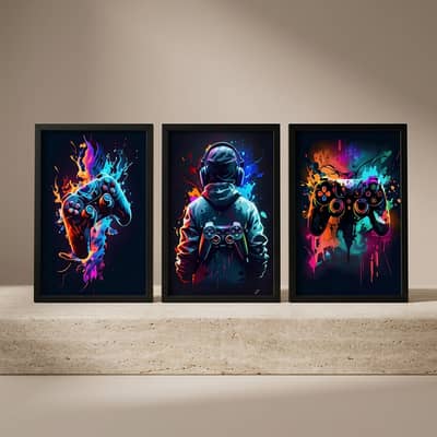 3Pcs Gaming Wall Art Abstract Multicolor Wood Frames