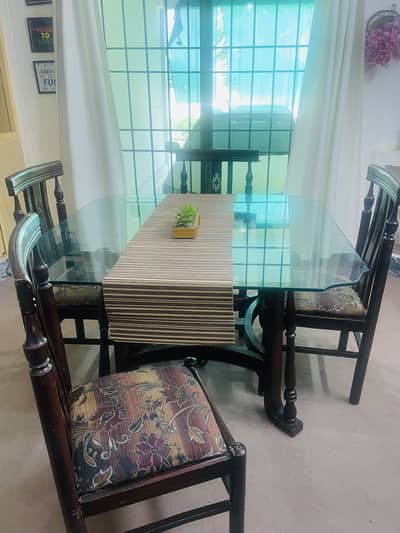 4-Seater Solid Wooden Dining Table with Glass Top Excellent Condition